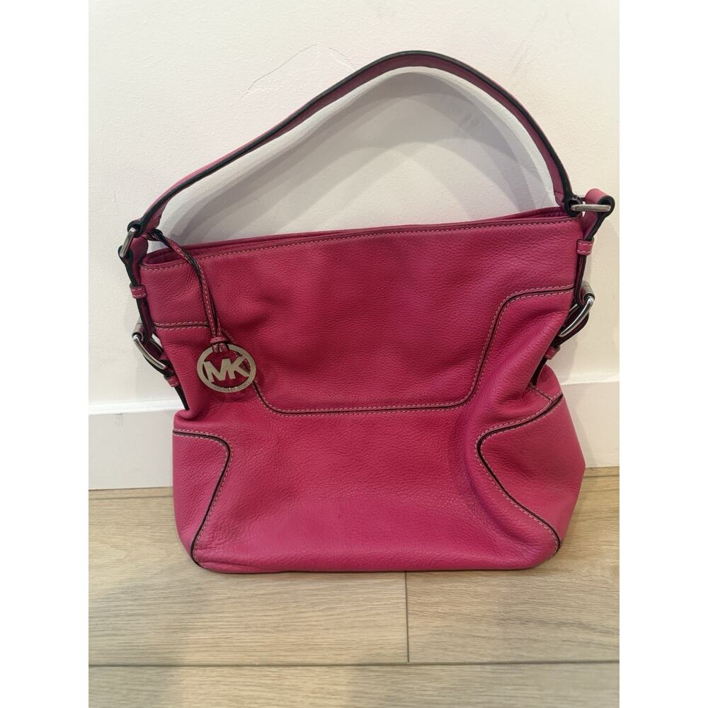 Michael Kors Pink Pebbled Shoulder Bag Logo Charm Buckle Accent Magnetic